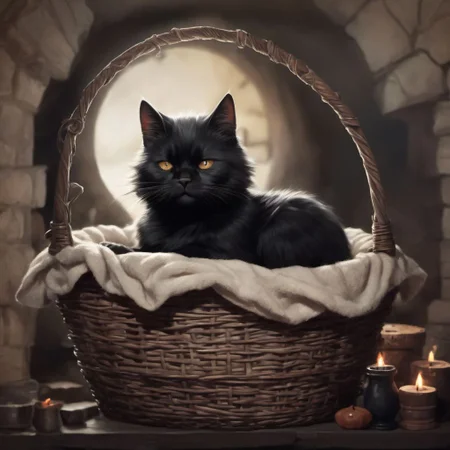 black cat in a basket, sleeping, night, peaceful, magical workshop, cauldron, potions, fireplace, comic style,