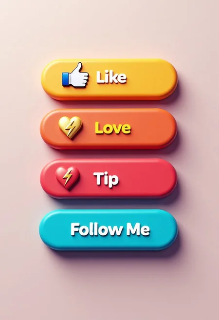 Create a 3D image of a modern mobile phone with 4 buttons in VibrantTech3D style.
A yellow Button with with a thumbs up and the word "Like".
A red Button with a heart icon and the word "Love".
A golden Button with a bolt icon and the word "Tip".
A cyan Button with the words "Follow Me"