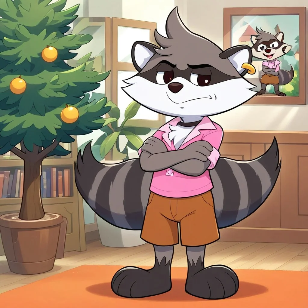 brown shorts, indoors, earrings, 1boy, Raccoon, tree, Full Body,  solo, Renaldo Raccoon, arms crossed, standing