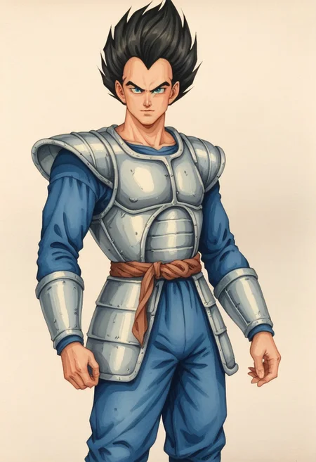 score_9, score_8_up, score_7_up, oblivionarts, (solo:1.5), 1boy, Vegeta, saiyan armor, ((white armor)), blue pants, widows peak, tall hair, short, petite, simple background, traditional art, medieval,