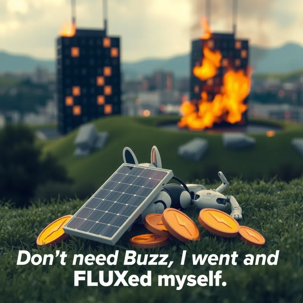 This is a realistic image made for the CivitAI Buzz Beggar's board. It features a robot dog lying on grassy hill overlooking a burning datacenter. The robot dog is charging himself up with a person solar panel. Coins made of gold featuring lightning bolts are scattered around. text: "Don't need Buzz. I went and FLUXed myself."
