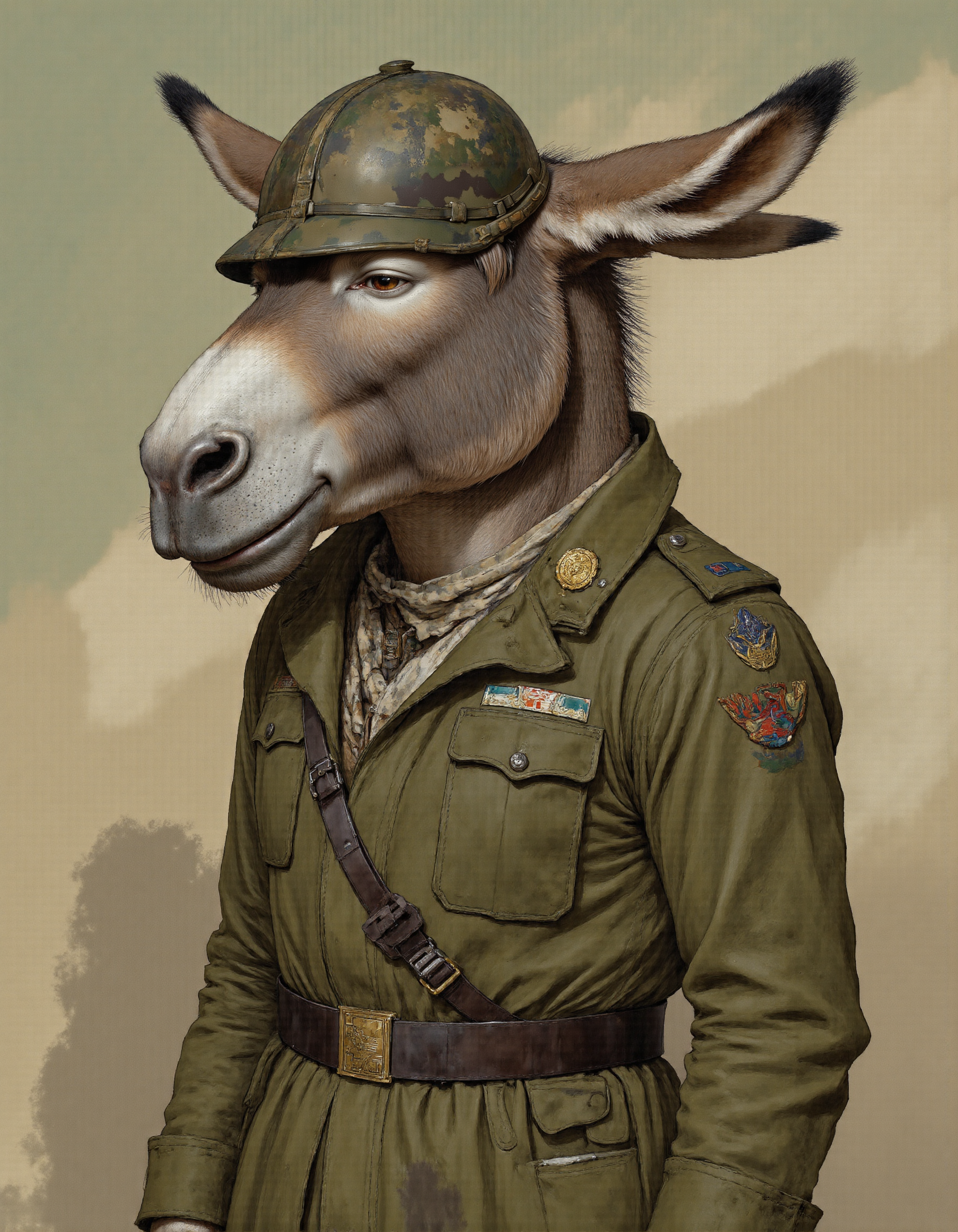 Rembrandt style <lora:funnys:1>, This is an ultra-realistic, highly detailed portrait of a donkey rendered with meticulous attention to texture, lighting, and character. The donkey stands against a muted gradient background that transitions from dusty beige at the bottom to a pale olive green near the top, evoking the rugged tones of a battlefield or desert landscape. Every detail of this eccentric yet oddly endearing subject has been crafted with care.
The donkey's body is sturdy and muscular beneath its coarse coat of fur, which varies in color from light gray-brown to darker patches around its back and legs. Each strand of fur is individually visible under the soft, diffused lighting, creating a natural, textured appearance. The fur on its ears is shorter and finer, catching highlights that emphasize their mobility, while thicker tufts frame its neck and chin, giving it a scruffy, unkempt look. Scattered across its hide are faint scars and scratches, hinting at a life of hard workâor perhaps just clumsiness.
Its face steals the show, dominated by an unmistakably "idiotic" expression that combines wide-eyed bewilderment with a slack-jawed grin. Its large, soulful eyes are slightly crossed, giving it an air of bemusement, while tiny wrinkles radiate outward from the corners of its mouth, amplifying its hapless charm. Its nostrils flare comically wide, as if perpetually startled, and its long, droopy ears stick out awkwardly to either side, twitching ever so slightly. A few stray wisps of fur protrude untidily from its snout, adding to its disheveled appearance.
The donkey wears a military uniform , complete with all the trappings of a soldierâbut somehow, it only enhances its absurdity. The olive-green jacket is too big for its lanky frame, bunching up around its shoulders and hanging loosely over its chest. Patches and medals are haphazardly pinned to the fabric, some upside-down or overlapping others, suggesting they were applied without much thought. Faded shoulder epaulets dangle precariously, and one sleeve is rolled up unevenly, revealing a patch of bare skin underneath. Around its waist sits a utility belt loaded with mismatched gear: empty holsters, tangled straps, and what appears to be a canteen leaking water onto its side.
Perched atop its head is a dented military helmet , tilted at a comical angle that threatens to slide right off. The helmet bears a faded camouflage pattern and a small dent near the front, as though it had survivedâor barely escapedâa direct impact. A strap hangs loose under its chin, swaying gently as if caught mid-motion. Beneath the helmet, its oversized ears poke through, refusing to be contained.
Lighting plays a crucial role in this piece, with soft, even illumination casting gentle shadows that accentuate the donkey's three-dimensional form. Subtle highlights run along the ridges of its hooves, the curve of its helmet, and the raised fibers of its fur, while deeper shadows pool within the folds of its oversized uniform and the creases of its skin. This interplay of light and shadow creates a masterfully realistic rendering, drawing the viewerâs eye to the intricate textures and imperfections that define the donkey's character.
Every element of this portraitâfrom the carefully crafted texture of the donkey's fur to the slapdash details of its ill-fitting military attire and the hilariously vacant expression on its faceâhas been meticulously designed using advanced CGI techniques combined with photorealistic textures. The result is an unparalleled level of realism that blurs the line between digital art and photography, inviting viewers to linger over the smallest details and marvel at the sheer ridiculousness of this lovable, bumbling creature. . Baroque, chiaroscuro, realistic, emotional, "flat lighting