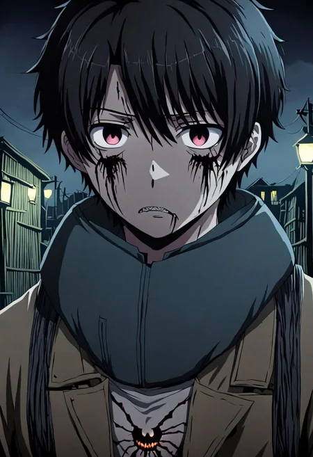 high resolution, solo, best quality, 1Boy, Inaho Kaizuka, Black Hair, night, gloomy eyes, horrorcore, OverallDetail