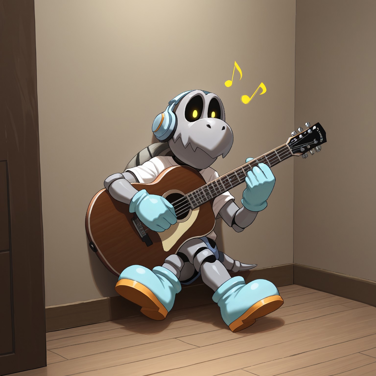 Solo, 2d, 1boy, Drybones, male, skeleton, male, shelled, gray shell, short tail, black sclera, yellow pupils, light blue gloves, light blue shoes,

BREAK light blue headphones, white t-shirt, holding guitar, playing guitar, musical notes, sitting against wall, legs crossed, inside, indoors, happy

BREAK best quality, amazing quality, very aesthetic, absurdres, newest, high quality, masterpiece, 
