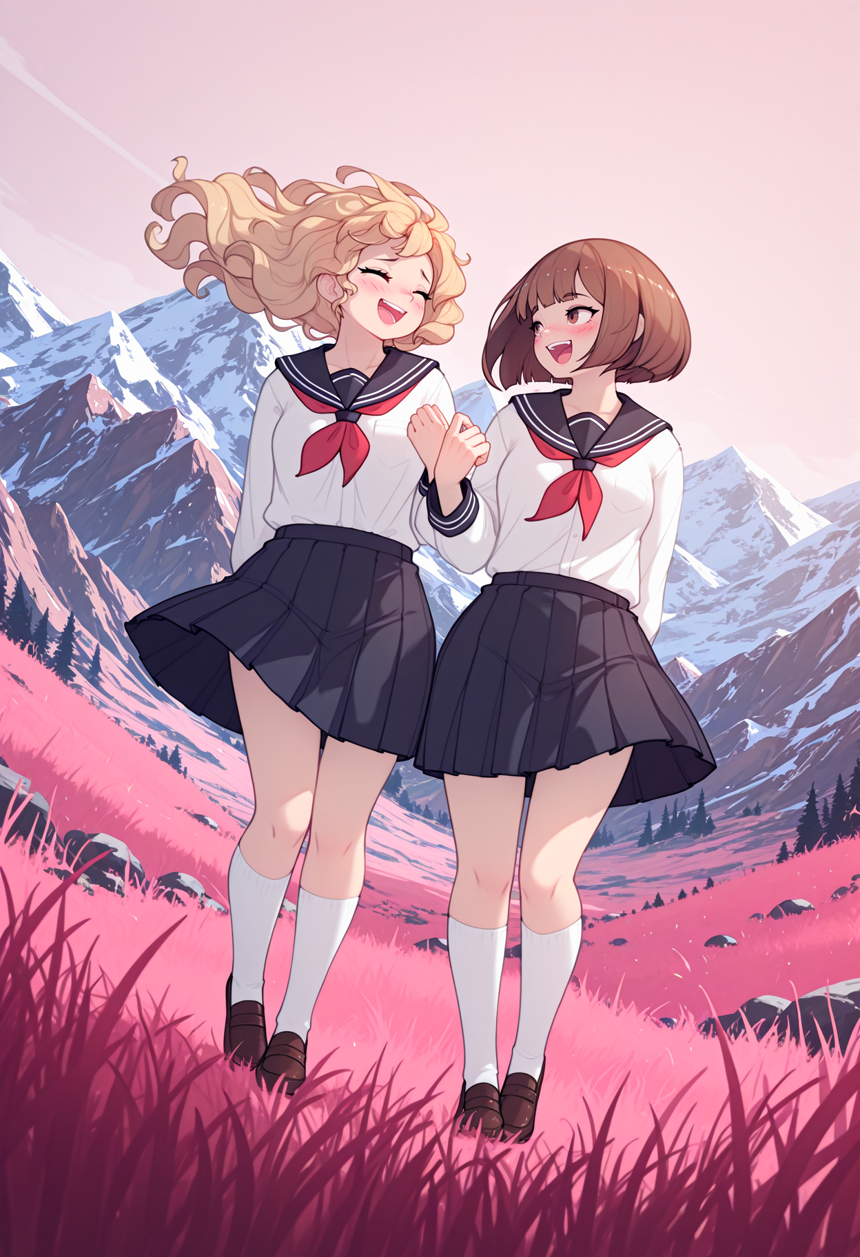 2girls,school girl,school uniform,standing,laughing,[dynamic pose],blush,brown hair,bob cut,blonde hair,wavy hair,blonde hair,looking at each other,full body,dynamic angle,windy,floating hair,
BREAK
(cutesy-two:0.7),mountain,pink grass,general,incredibly absurdres,highres,newest,scenery,<lora:CutesyCo:0.8>,<lora:cfg_scale_boost:0.65>,