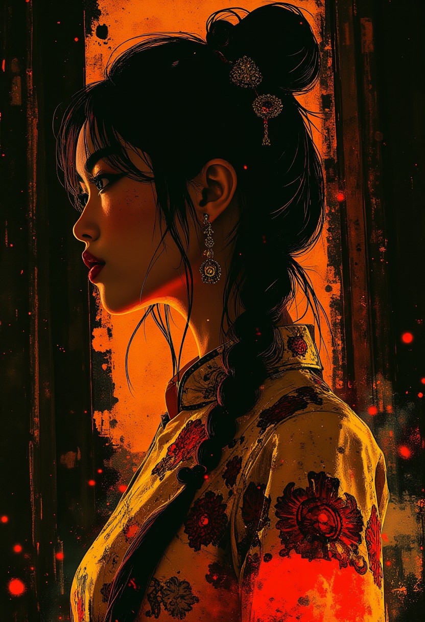 midjourney_whisper_avant_couture, Silhouette Art, breathtaking detailed, masterpiece, awe-inspiring, radiant, magnificent. (all dark hues and fine vibrant orange glowing smoldering accent and shiny silver color scheme:1.02). glossy. stunning oriental woman, long hair, gold and red cheongsam