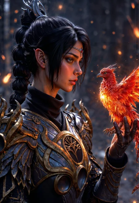 ShadowDJ, a woman with fair skin and long black hair styled in a braid. She is dressed in an elaborate, dark armor with intricate silver and gold detailing. Her expression is serene and focused as she gazes at a vibrant, mythical phoenix perched on her hand. The phoenix is depicted with fiery red and orange feathers, exuding a warm glow that illuminates the scene. The background is a blurred, dark setting with floating embers, enhancing the mystical atmosphere.
<lora:FluxMythP0rtr4itStyle:0.6> <lora:Midjourney_Dreamlike_Fantasy_FLUX_LoRA:0.6> <lora:Elden_Ring_-_Yoshitaka_Amano:0.33> <lora:FluxShadowDJV1:0.9>