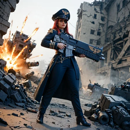 (score_9, score_8_up, score_7_up),
BREAK
gothic architecture, explosion, rubble, dark, grim, fog,
BREAK
dutch angle, full body, 1women, warhammer40kcommissar, She is (charging forward), grim expression, left eyepatch, breastplate, hat, epaulettes, greatcoat, holding aiming, a bltgun bolter weapon., breastplate, military pants, cap, ,
<lora:Warhammer_40000_Commissar:1> <lora:Bad_Hands_lora:0.8> <lora:add-detail-xl:0.8> <lora:Expressive_H:0.8> <lora:Bolter_-_Warhammer_40000_Pony_SDXL:1>