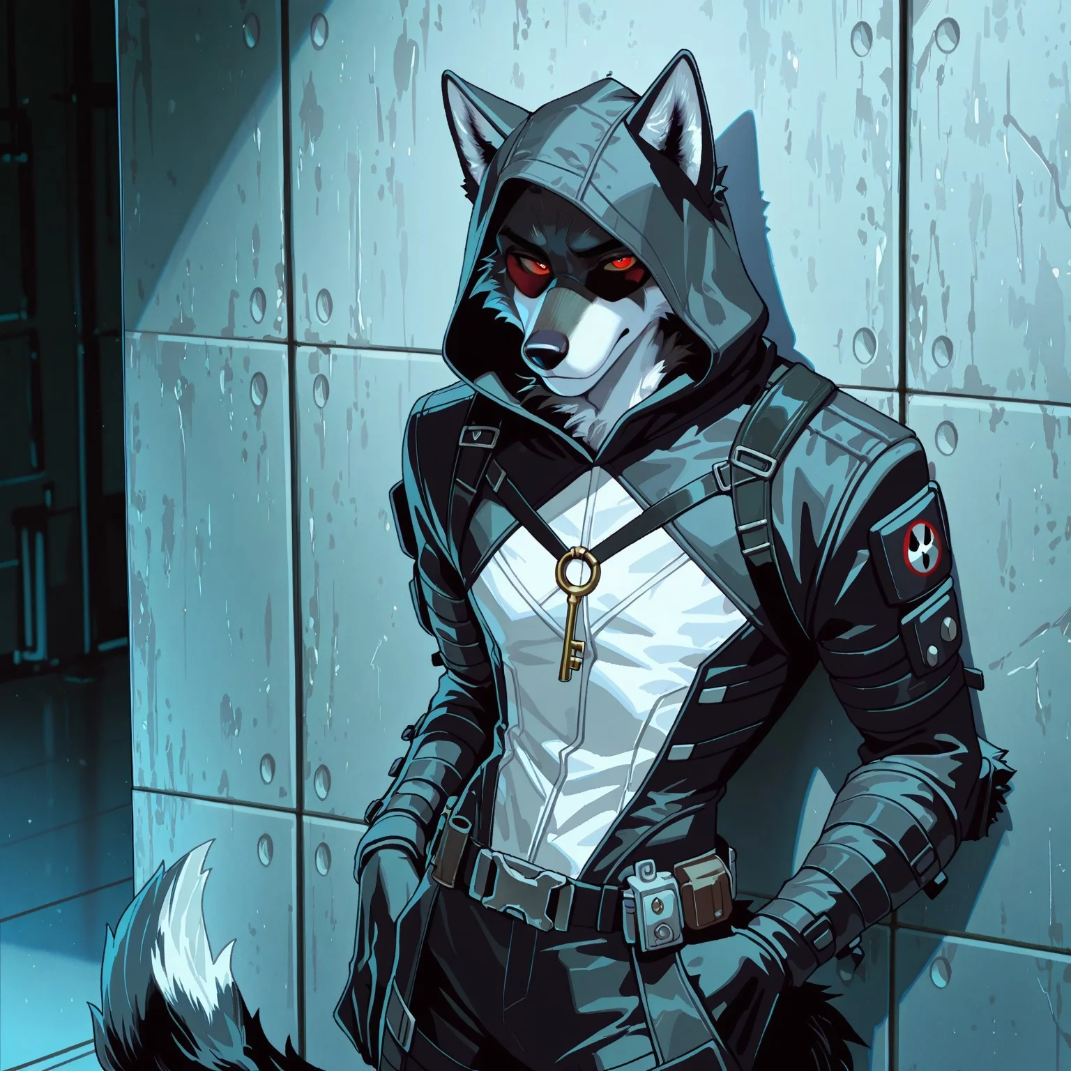 wolf, black wolf, black and white furr, one fluffy wolf tail, (high quality, high resolution, masterpiece), solo, anime work smiling, man, slender body, key visual, bright, studio anime, high detail Milkytiger1145:0.9, author granato : 0.5,  red eyes, white iris of the eyes, dead space and vantage apex legends clothes with hood, winter and black shades of the suit with white and blue elements, spaceship, solo, leaning against the wall