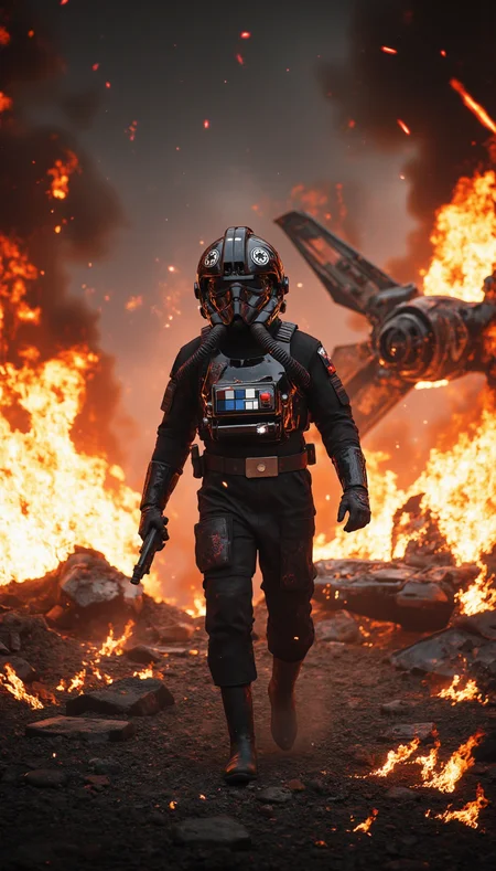 Photograph of a TIE_pilot walking through a battlefield.
The Tie Pilot appears injured and their suit is scratched and torn in places. They are walking on rocky ground and all around them is burning wreckage of crashed TIE fighters and other ships. Flames are everywhere, laser bolts streak through the sky.
The scene feals frightening and chaotic, war, fire, danger, Photorealism, High resolution, 8k, hyper-realistic, cinematic lighting, intricate details, sharp focus.
<lora:flux\TIE_pilot-TIE_Fighter_Pilot_-_Star_Wars_Flux>,
<lora:flux\aidmaMJ6.1-FLUX-v0.4>