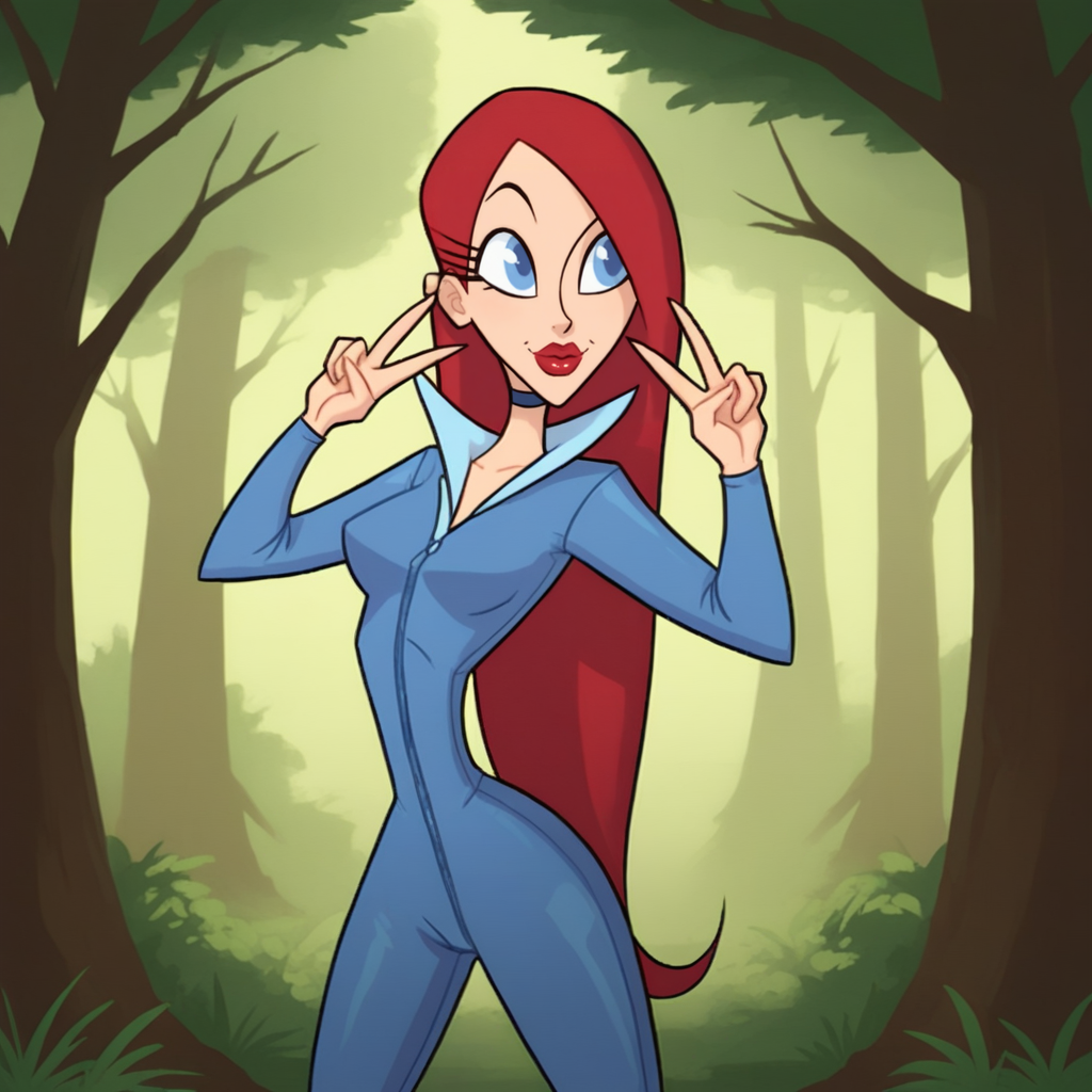 score_9_up, score_8_up, BREAK, MissXZ, 1girl, solo, red hair, long hair, blue eyes, red lips, bodysuit, cowboy shot, double v,   <lora:MissXandMissZ_PXL_Leaf2:1>, forest,