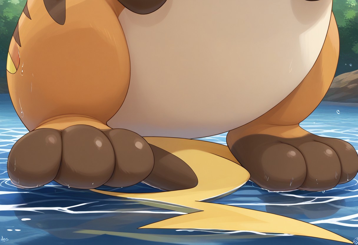 feral, raichu, pokemon (creature), barefoot, brown toes, brown feet, tan soles, 3 toes, water, standing, foot focus, close-up