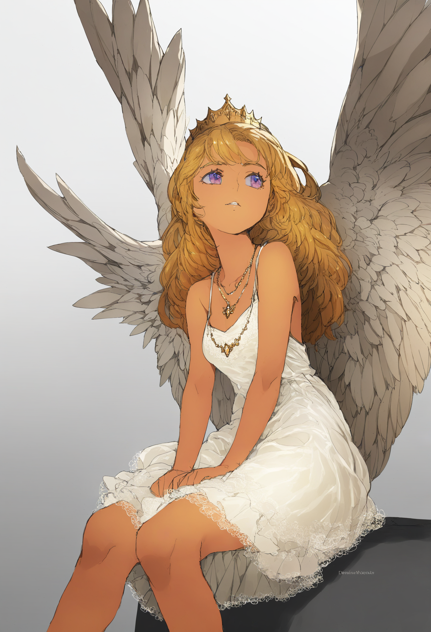 solo, 1girl, wings, dress, crown, jewelry, sitting, white dress, feathered wings, necklace, purple eyes, angel wings, white background, blonde hair, white wings, looking to the side, bare shoulders, simple background, long hair, parted lips, sleeveless, angel, hands on lap 
,masterpiece,best quality,very aesthetic,absurdres,
<lora:åºæ°´fornoob:0.95>