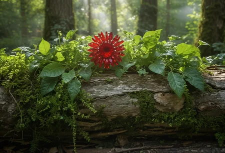 Amidst a whimsical forest, a majestic red crystal daisy flower blooms radiantly from the center of a gnarled, ivy-covered green crystal log, its delicate petals unfolding like a burst of fire, softly illuminated by dappled sunlight filtering through the lush canopy above, as tendrils of ivy curl around the log's crystalline surface, shimmering with an ethereal glow, surrounded by a halo of misty, dreamy light, with hints of emerald green and amber hues bleeding into the surrounding foliage, and the log's rough, organic texture subtly visible beneath the layers of ivy, all set against a soft, feathery background of muted greens and blues, evoking a sense of mystical wonder and enchantment.