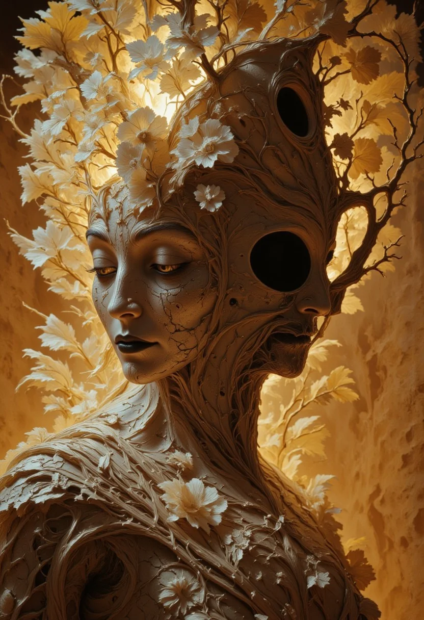 Create an intricately detailed, hyper-realistic portrait of an aging, cracking, and broken Victorian-era porcelain and paper-mâché doll depicting a wise woman. A prominent crack with a hole adorns her forehead revealing a subtle glow inside the doll, adding an unsettling and eerie aura to her visage. Her eyes are completely black, resembling deep voids that seem to hold ancient secrets and untold stories. She is set against a backdrop of aged, yellowed parchment, its worn textures complementing her own decaying appearance. Her ornate, Victorian-inspired gown is adorned with delicate, hand-crafted paper flowers, their petals unfolding like tiny, intricate sculptures—some torn and weathered by time.
The overall aesthetic blends Luis Royo's dark, mystical realism with Artgerm's meticulous attention to detail and H.P. Lovecraft's eerie, otherworldly sensibilities. Ambient light casts dramatic shadows across her face, accentuating the aging textures of the paper-mâché and the luminous yet cracked porcelain-like skin. The delicate, swirling patterns of the gown's aged embroidery are highlighted, emphasizing the craftsmanship of a bygone era. Wisps of faded lace and frayed edges add to the haunting beauty of the scene. The atmosphere exudes haunting elegance and creeping unease, capturing the duality of beauty and decay in a single, mesmerizing image.