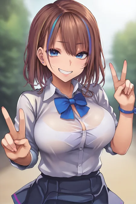 score_9,
<lora:meme50_v1_pruned:1>,
gyaru, medium hair, brown hair, multicolored hair, large breasts, dark blue eyes,
school uniform, dress shirt, skirt, bowtie,
cowboy shot, grin, peace sign,
high resolution, Masterpiece