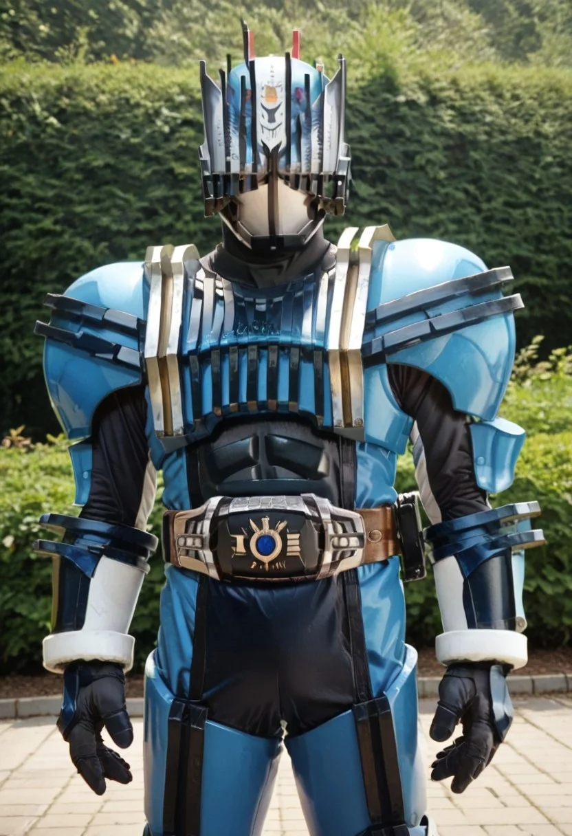 score_9, score_8, score_7, solo, armor, tokusatsu, bodysuit, helmet, rider belt, Samurai, blue armor,