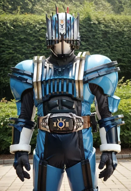 score_9, score_8, score_7, solo, armor, tokusatsu, bodysuit, helmet, rider belt, Samurai, blue armor,