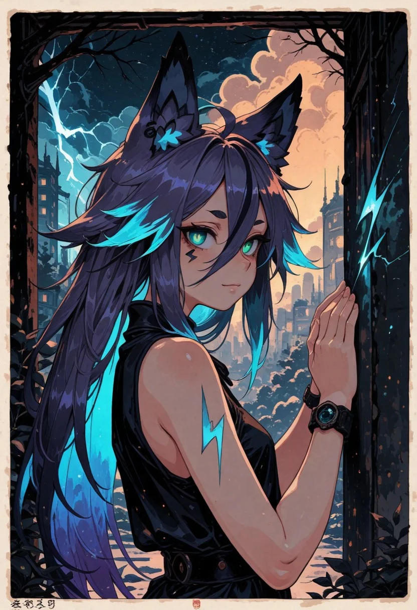 safe, ukiyo-e, ligne claire, (phantom_ix_row,ireading,akizero1510,alchemaniac:0.4), bright natural light,
1girl, raiju,
masterpiece, best quality, amazing quality, very aesthetic, absurdres, hyper-detailed, 8k uhd, absolutely eye-catching, ambient occlusion, raytracing, score_9, score_8_up, score_7_up,
cyan eyes, animal ears, purple hair, gradient hair, (cyan hair:1.2), (glowing hair:1.1), sleeveless, lightning tattoo, punk,
light smile, leaning, against wall, looking at viewer, magic, spell, from side, upper body, dutch angle,
city, clear composition, storm, lightning, starry sky,
warm ambient lighting, soft shadows, volumetric lighting,