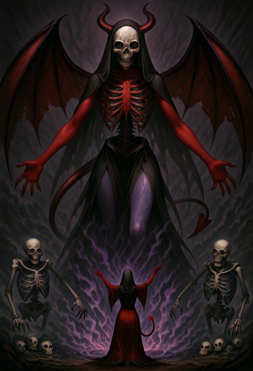 masterpiece, best quality, newest, absurdres, highres, anime, anime style, 1girl, demon girl, Purple skin, 
1girl, red skin, red colored skin, demon girl, succubus, demon horns, horns, demon wings, demon tail, wings, horror (theme), monster girl, skull, skull mask, bones, skeleton, veil, veiled face, mask,
, giantess giant, size difference