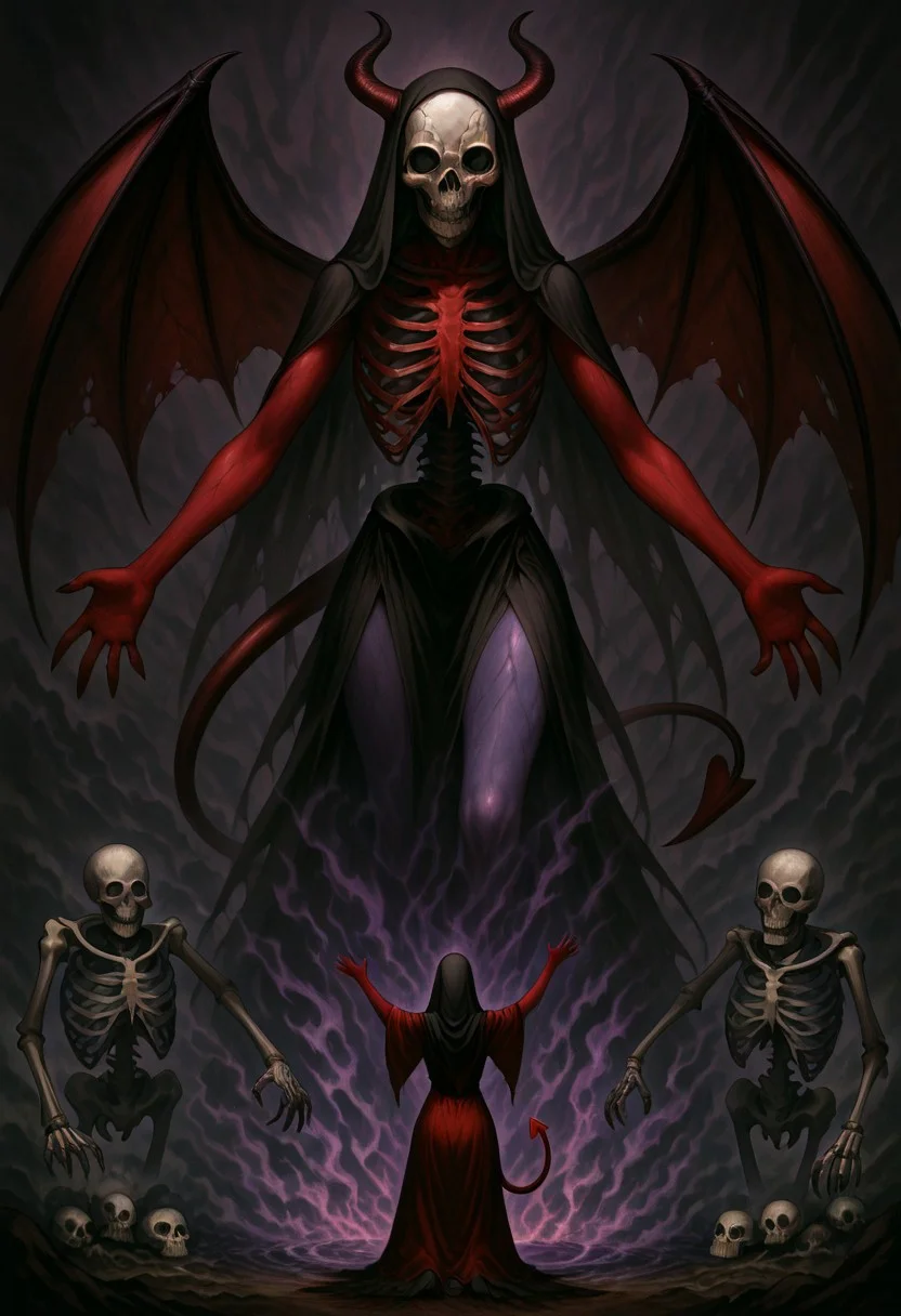 masterpiece, best quality, newest, absurdres, highres, anime, anime style, 1girl, demon girl, Purple skin,
1girl, red skin, red colored skin, demon girl, succubus, demon horns, horns, demon wings, demon tail, wings, horror (theme), monster girl, skull, skull mask, bones, skeleton, veil, veiled face, mask,
, giantess giant, size difference