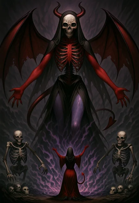 masterpiece, best quality, newest, absurdres, highres, anime, anime style, 1girl, demon girl, Purple skin,
1girl, red skin, red colored skin, demon girl, succubus, demon horns, horns, demon wings, demon tail, wings, horror (theme), monster girl, skull, skull mask, bones, skeleton, veil, veiled face, mask,
, giantess giant, size difference