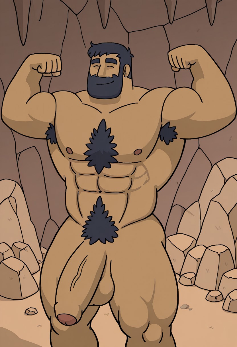 detailed background, detailed background, masterpiece, perfect quality, best quality, detailed, newest, very aesthetic, GiantLoydRMA, facial hair, short hair, flexing arms, bara, solo, beard, smile, black hair, 1boy, male focus, cave background, mine, chest hair, pubic hair, nude, big girthy penis, erect, balls, smile, pectorals, abs, muscular, happy, ^ ^