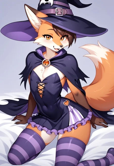 score_9, score_8_up, score_7_up, source_cartoon, 
Solo, one cute fox, male, girly body, posing seductively, (witch costume, short witch dress, ora ge striped leggings, anthropomorphic fox:1.4), on a bed, simple background, (dynamic view:1.2), SomSom Style, easynegative, negative_hand, muscle_mommy