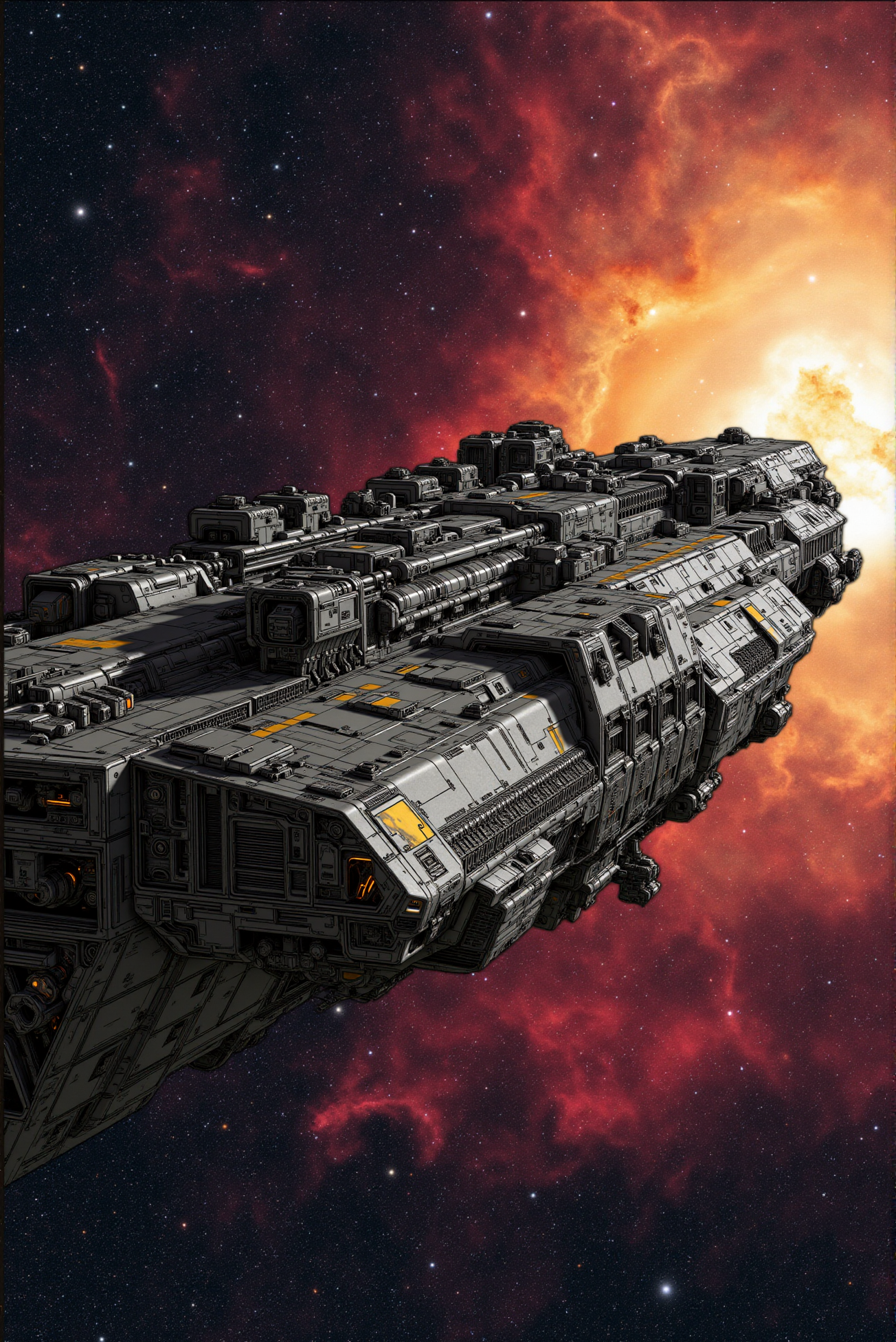 <lora:SpaceCraft_v.3:0.8>
A high-capacity interstellar carrier vessel extends laterally across the starscape, its elongated fuselage dominated by data conduits, missile silos, modular hull clusters, and flowing golden energy circuits etched into gunmetal plating. The profile is pure functionâlow-profile weapons arrays, emergency eject bays, and drop-pod deployment rails run the length of the frame. The backdrop erupts with painterly swirls of blood-red and ash-white nebula gas, creating visual turbulence behind the mechanical stillness. Viewed in strict side-profile, the ship reads like a schematicâcrisp, clean, detailed. The style evokes hard science-fiction illustration with sharp ink-line clarity, no-glare surfaces, and dynamic tension across compositional layers.
