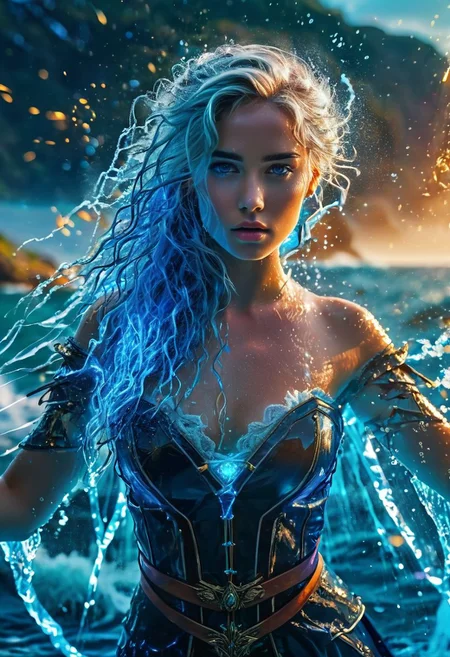 portrait of 1girl, druid aquamarine wavy hair, pretty face, water powers flowing from hands, water spouts projecting from body, storming, majestic pose, lingerie armor, bright colors, glowing blue, blue sparks, ocean