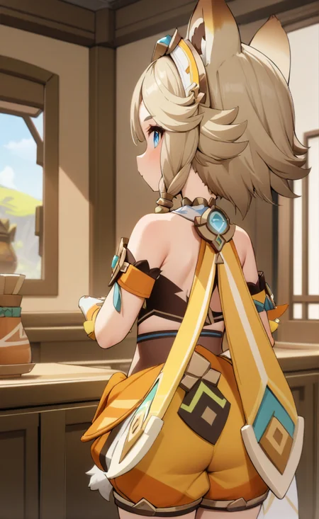 high quality,best quality,absurdres,<lora:kachina_(genshin_impact)-000028:0.7>,kachina (genshin impact),from behind,indoors,1girl,solo,blue eyes,blonde hair,animal ears,gloves,