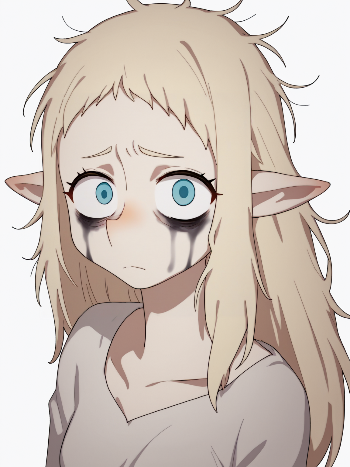 score_9, score_8_up, score_7_up, score_6_up, score_5_up, score_4_up, BREAK, source_cartoon, source_anime,
1girl, bakaradrunk, blonde hair, long hair, blue eyes, pointy ears, bags under eyes, blush, messy hair, runny makeup,
upper body, looking at viewer, solo, simple background, white background  <lora:BakaraJurgenXL:1>