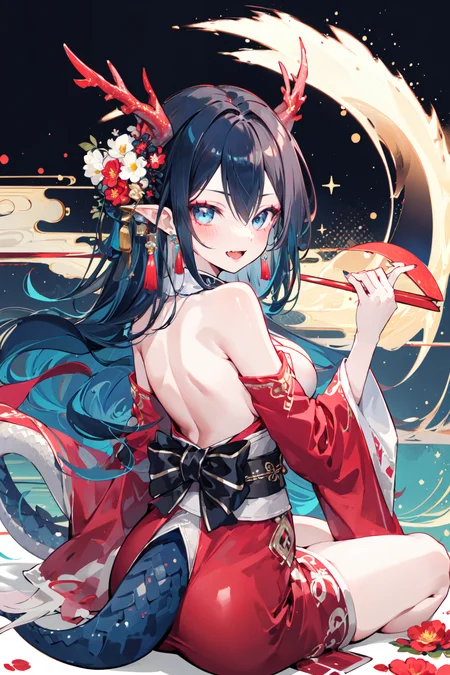 -dragon girl, 1girl, long hair, horns, flower, detached sleeves, black hair, blue eyes, solo, looking at viewer, hair ornament, breasts, holding, sitting, red flower, very long hair, sideboob, hair flower, dragon, bare shoulders, looking back, dress, dragon horns, long sleeves, smile, red sleeves, bangs, red nails, wide sleeves, red dress, sash, bow, nail polish, dragon girl, tongue, ass, medium breasts, tail, makeup, from behind, earrings, open mouth, hand up, eyeshadow, backless outfit, fang, jewelry, dragon tail, japanese clothes<lora:dragon girl_20240110103648-000018:0.8>,