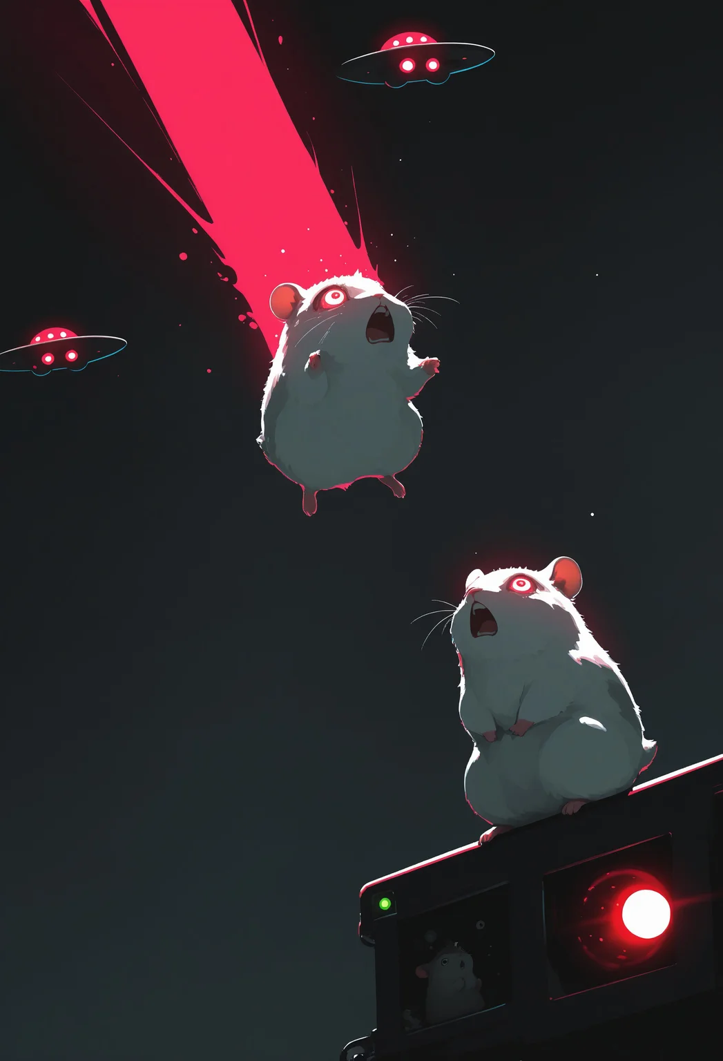 masterpiece, best quality, good quality, very awa, very aesthetic, absurdres, newest, no humans, animal, animal focus, hamster, glowing, open mouth, horror \(theme\), scared, single ufo, spot light, light beam, looking up, floating, abstract