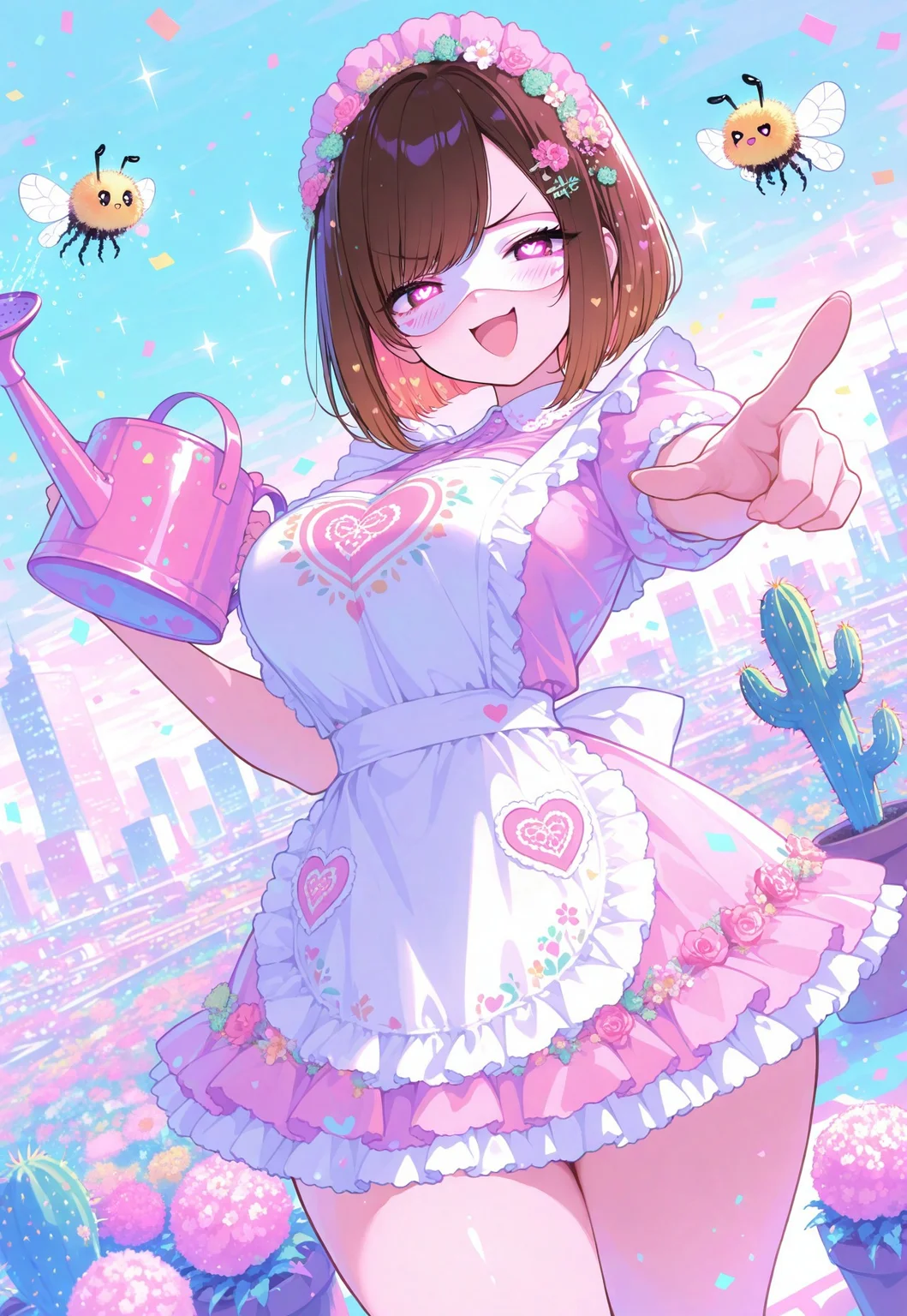 xxx667_illu, 4ur4_illu,masterpiece, best quality, absurdres, highres, vibrant, highly detailed, curvy, wide hips, large breasts, blush, vivid colors, dutch angle, plant theme, brown hair, swept bangs, flower hairpin, bob cut, gardening tools, apron, frilled dress, cactus motif, roses, smile, v shaped eyebrows, pointing at another, open mouth, legs apart , heart pupils, sparkles, pastel colors, , confetti, bees, cityscape, holding watering can, smug, eye mask