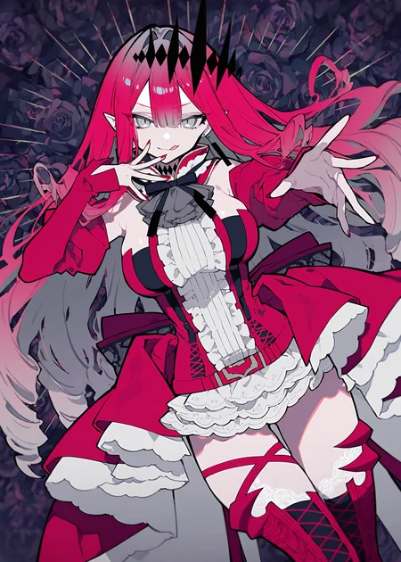 baobhan sith \(first ascension) (fate\), fate/grand order,

1girl, pointy ears, grey eyes, long hair, pink hair, sidelocks, large breasts, 

thigh boots, red dress, detached sleeves, bare shoulders, detached collar, center frills, earrings, tiara, cleavage, thighs,

jojo pose, jonathan joestar's pose \(jojo\), licking lips, evil smile, spread fingers,

perspective, dutch angle, abstract background, black rose,

(mochizuki kei:0.7), (starshadowmagician:0.6), (redrop:0.5),

(very awa, very aesthetic, masterpiece, best quality, highres, absurdres, :1.2)