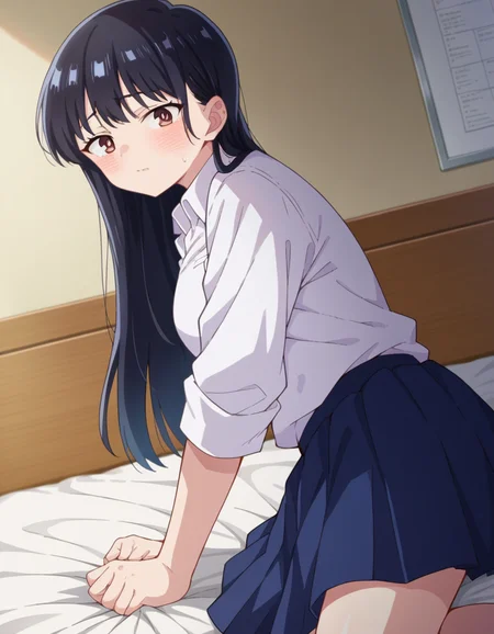 score_9, score_8_up, score_7_up, source_anime,
annayamada, <lora:anna-yamada-s2-ponyxl-lora-nochekaiser:1>,
anna yamada, long hair, bangs, black hair, brown eyes,
skirt, shirt, school uniform, white shirt, pleated skirt, collared shirt, sweatdrop, blue skirt, pocket, shirt tucked in,
indoors, bed, bed room, on side, blush, drunk,
looking at viewer, cowboy shot, dutch angle,