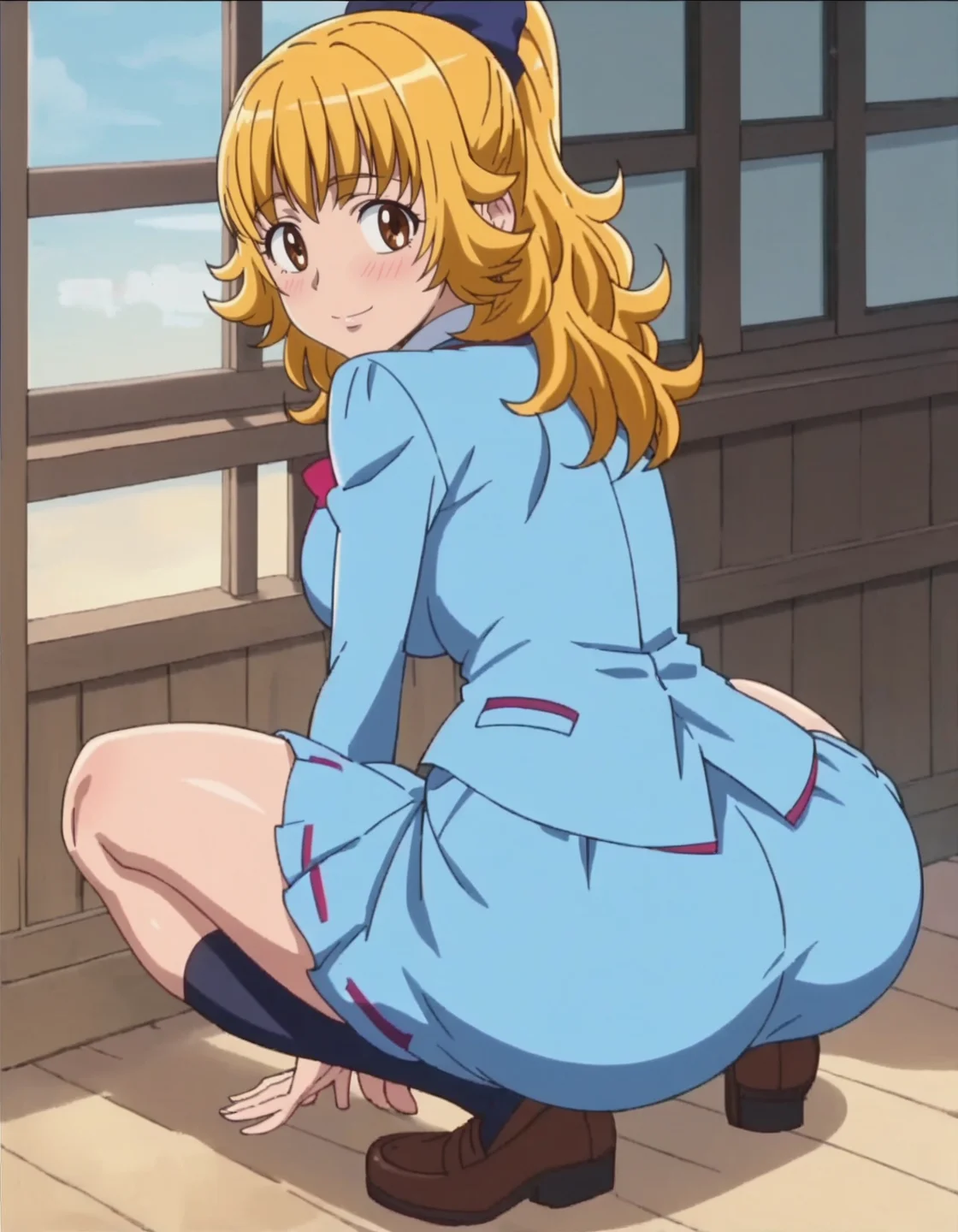 score_9, score_8_up, score_7_up, anime screencap, solo,1girl,higashiyamaseika, school uniform, blue shirt, blue skirt, bow, cowboy shot,large breasts,looking st viewer,smile,blush,from behind,huge ass,squatting<lora:higashiyamaseika:0.8>,