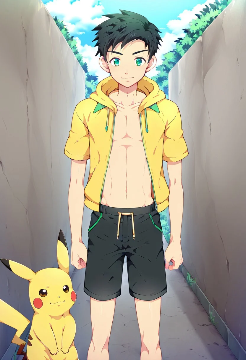 yuto_umemura, black hair, short hair, mint green eyes, 1boy, solo, male focus, shirtless, wearing pikachu jacket with hoodie, open jacket, black shorts, outdoor, at house alley, cloudy day, perfect hands, handfixer, perfect eyes, high quality, best quality, detailed eyes, smile