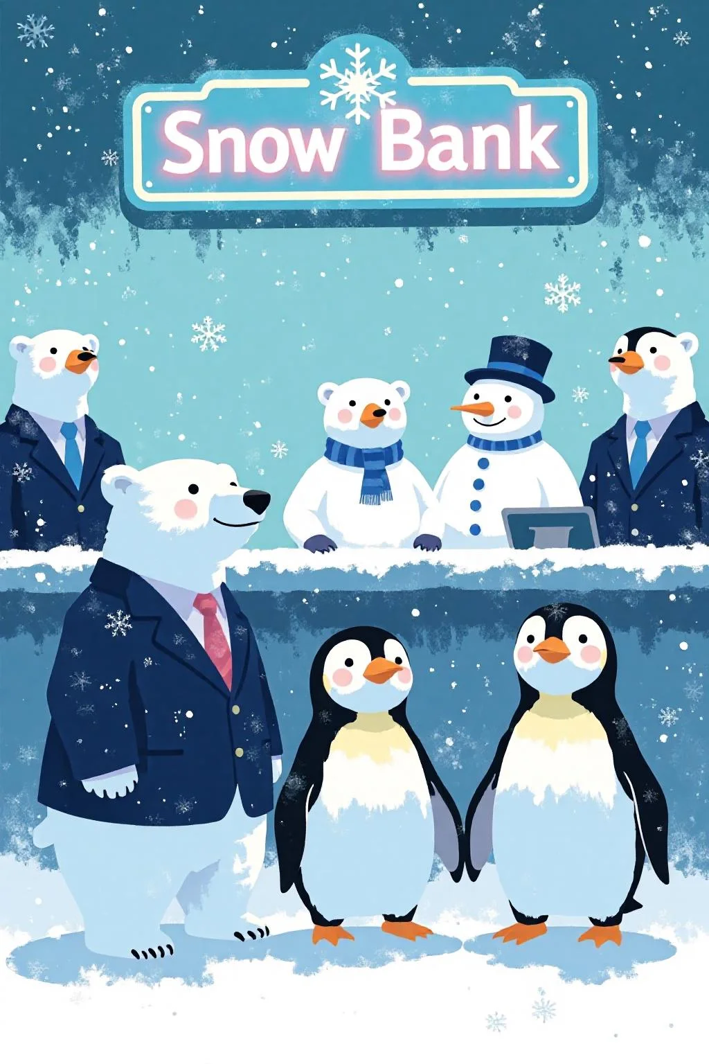 i11ustmin Illustration.
Polar bears and penguins, dressed in adorable miniature suits, are waiting patiently in line. The teller is a friendly snowman behind the counter. Above them, a neon sign reads "Snow Bank" with a snowflake logo. The atmosphere is playful, with the animals displaying smiles and enjoying the snowy environment. <lora:minimalist_flat_illustration_nbm:1.0> <lora:schnell_v1.0:1.0><lora:798753124362995944:0>