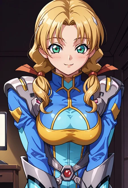 score_9, score_8_up, score_7_up, score_6_up, source_anime, anime screencap, 1girl, solo, oldrin, blonde hair, low twintails, green eyes, srwbluepilotsuit, blue bodysuit, pauldrons, wrist guards, metal belt, grey armor, helmet removed, no headwear, large breasts, looking at viewer, light blush, smile, cowboy shot, night, indoors, modern, dark walls, monitor,