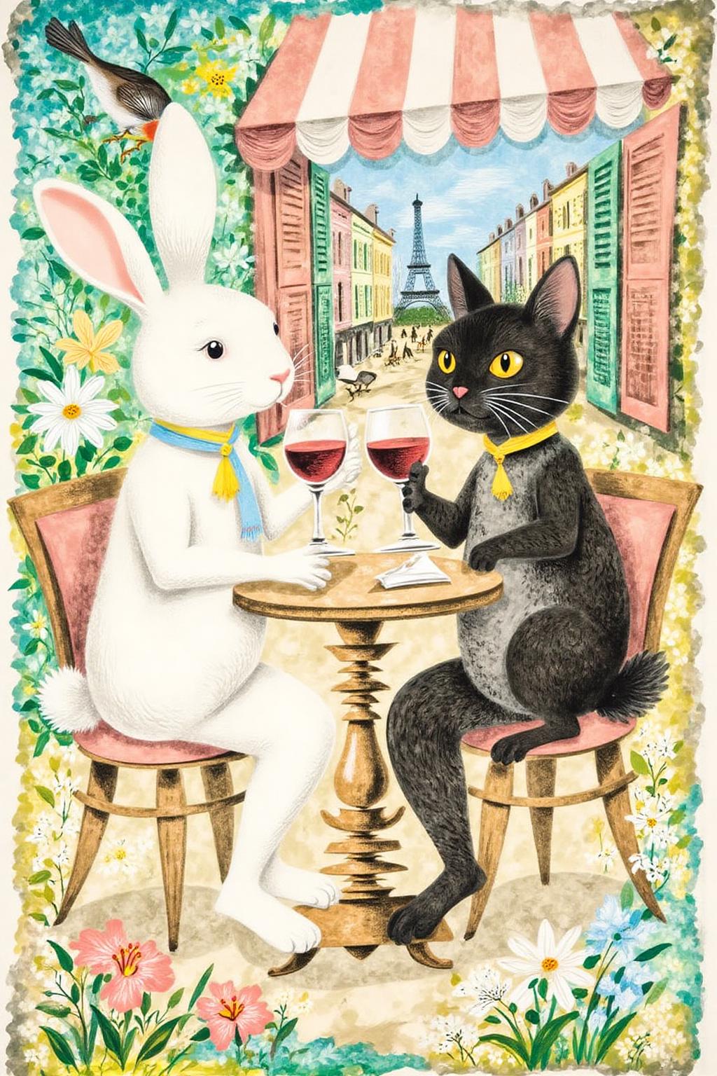 leowe1 illustration.
A white rabbit and a black cat sitting in a Paris Cafe, drinking wine. <lora:gwonder1_cap_d6a3e15:1.0><lora:826576639765846729:0>