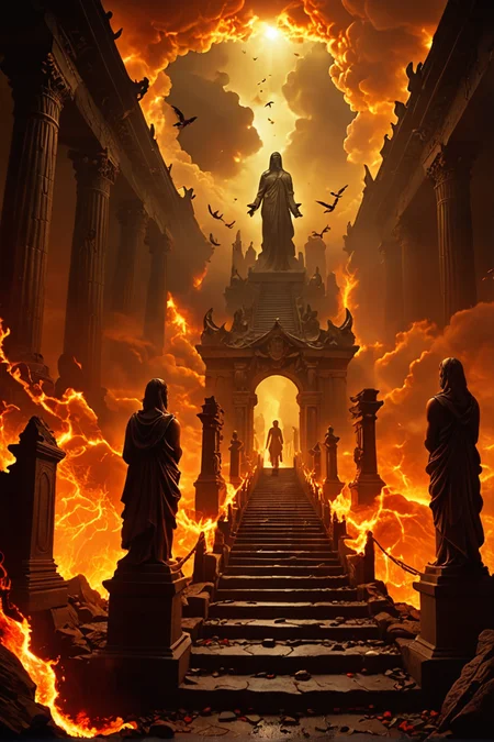 a surreal, symbolic image of purgatory balanced between heaven and hell, showing ethereal heavens above, radiant with golden light and floating ethereal beings, and a dark, fiery underworld below. heaven appears as an endless, sky-like realm with angelic clouds, translucent stairways, and a peaceful aura; heaven's light spills gently into purgatory. purgatory itself is depicted as a vast, mist-filled realm of stone paths and crumbling, ancient statues, with lost souls in various states of reflection. underneath, hell is a chaotic inferno with rivers of molten lava, tortured souls and demonic shadows, and twisted, dark trees. the image has a dreamlike, surreal atmosphere, with heaven, purgatory, and hell each holding symbolic, contrasting colors and textures to convey the transition between realms.