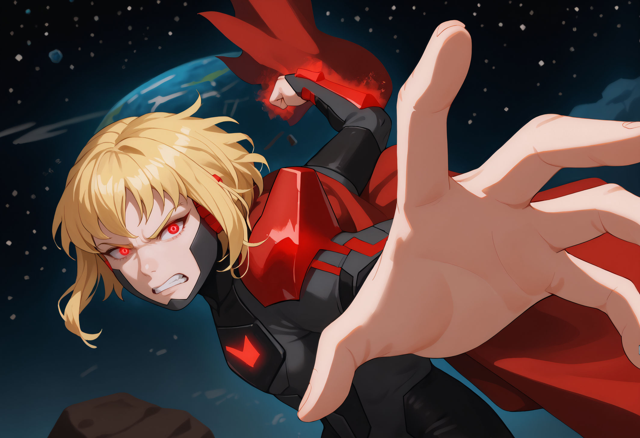score_9, score_8_up, score_7_up, 1girl, solo, karazoreldef, red eyes, glowing eyes, red aura, short hair, blonde hair, medium breasts, toned, 
karazorelfit, red earpiece, red cape, red glow, black two-tone bodysuit, black shoulder armor, 
looking at viewer, angry, 
space, asteroid, floating, airborne,
<lora:Kara-Zor-ElPDXL_V1-Manityro-CAME:1.0>, <lora:PepePunchMeme_XLPD:0.8>, IncrsPunchMeme, incoming punch, intense, motion lines,