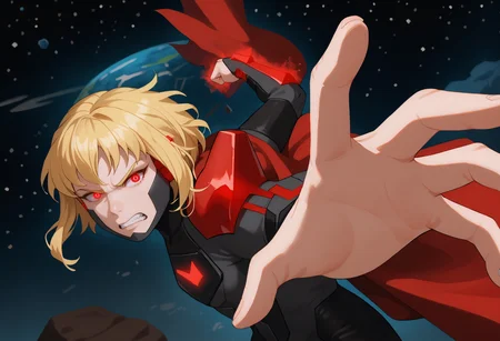 score_9, score_8_up, score_7_up, 1girl, solo, karazoreldef, red eyes, glowing eyes, red aura, short hair, blonde hair, medium breasts, toned,
karazorelfit, red earpiece, red cape, red glow, black two-tone bodysuit, black shoulder armor,
looking at viewer, angry,
space, asteroid, floating, airborne,
<lora:Kara-Zor-ElPDXL_V1-Manityro-CAME:1.0>, <lora:PepePunchMeme_XLPD:0.8>, IncrsPunchMeme, incoming punch, intense, motion lines,