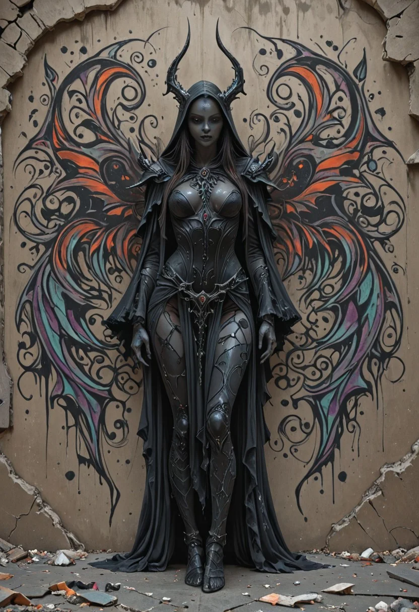 mobe-godeen, Avant-garde, masterpiece, flat graffiti style, dark fantasy, simple background,