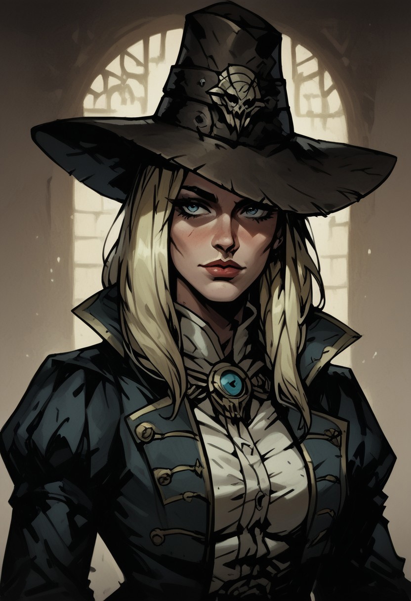 score_9, score_8_up, score_7_up, BREAK, 1woman, cowboy-shot, beautiful, dramatic lights ((Graverober, blonde, DarkestDungeon, GraverobberDD, hat, Darkest Dungeon))