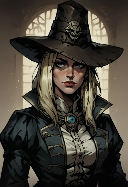 score_9, score_8_up, score_7_up, BREAK, 1woman, cowboy-shot, beautiful, dramatic lights ((Graverober, blonde, DarkestDungeon, GraverobberDD, hat, Darkest Dungeon))