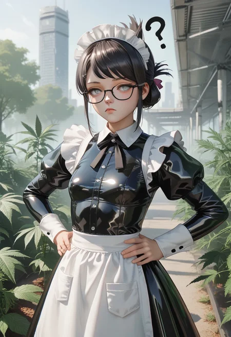 lazyup7, 1girl, source_anime, 420futurism, maid, maid headdress, long dress, latex dress, white apron, small breasts, black hair, folded ponytail, swept bangs, gray eyes, half-closed eyes, glasses, confused, ?, plants background, mist, foliage, hands on hips, looking at viewer