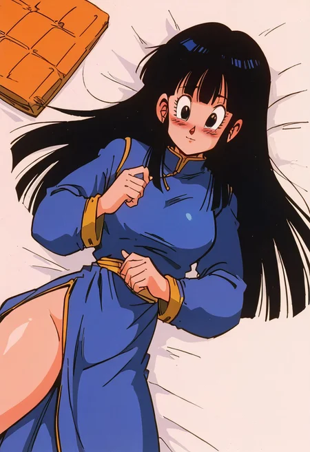 score_9, score_8_up, score_7_up, cozy bedroom. 1girl, chi-chi, bangs, black hair, blunt bangs, sidelocks, black eyes, earrings, long flowing hair, perfect face, perfect eyes, sexy, perfect body, laying down on military bunk bed, seductive look, wearing tight dress, perfect hands, blushing, super cute, close up, pinup